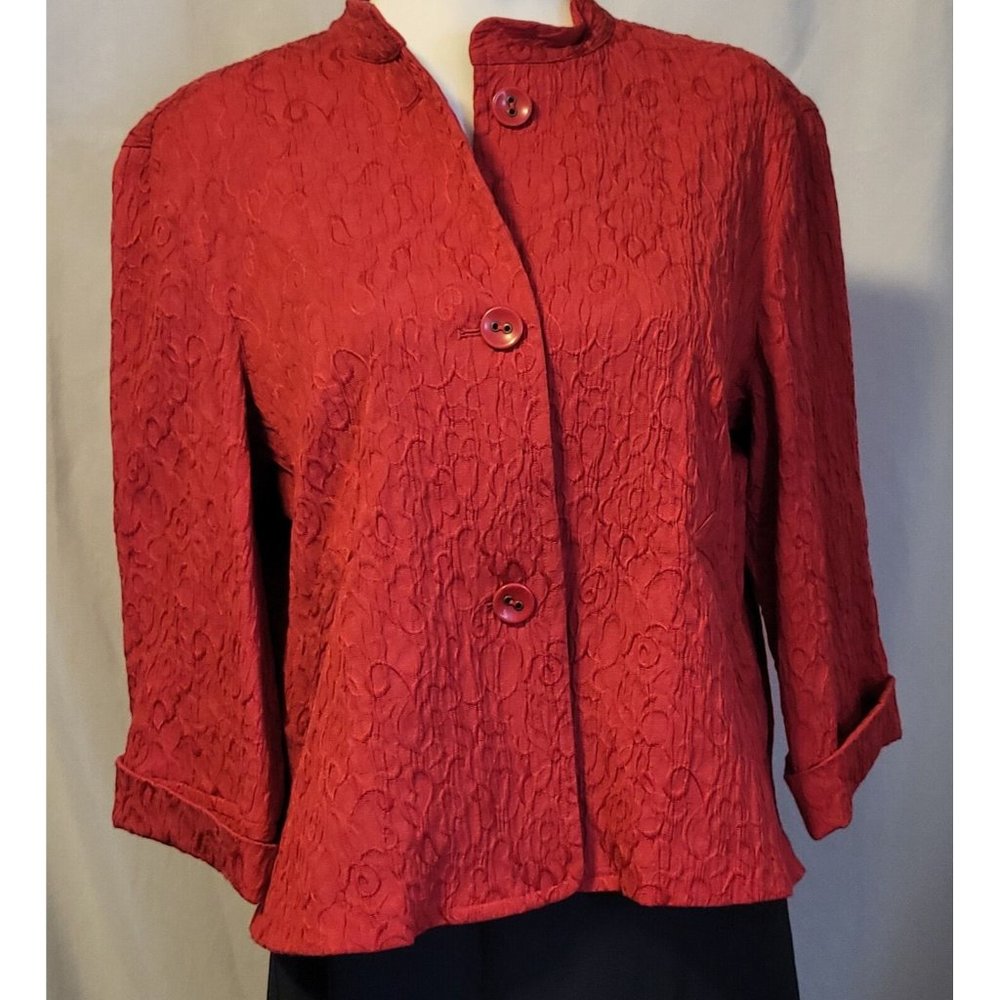 Ruby Red Women's Blazer Size 16 Red with Geometric Design 3/4 Sleeves